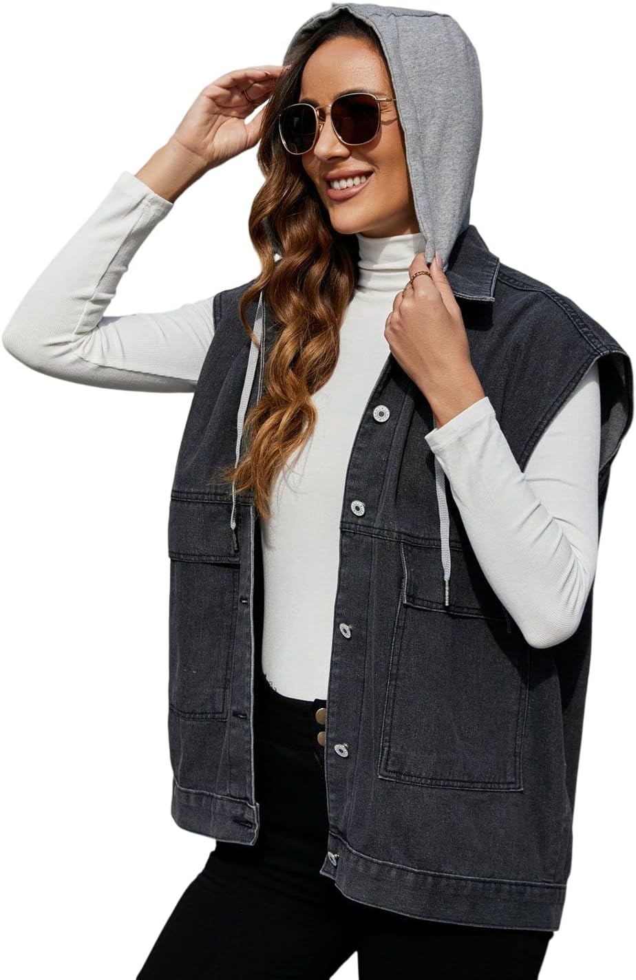 PAODIKUAI Women's Oversized Denim Vest Mid Long Jean Vest Sleeveless Jackets Distressed Vest Cotton - Image 2