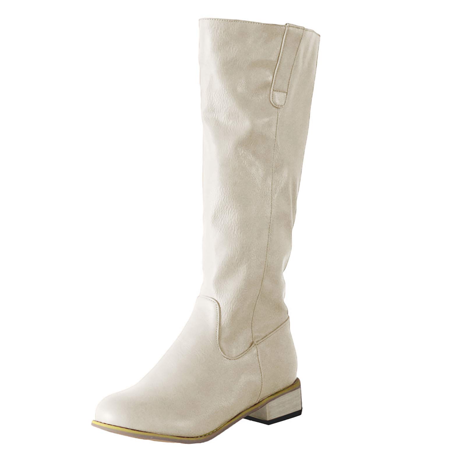 Stivali Donna Moda Pelle Tacco Basso Scarpe con Punta Tonda Slip-On Comodo Western