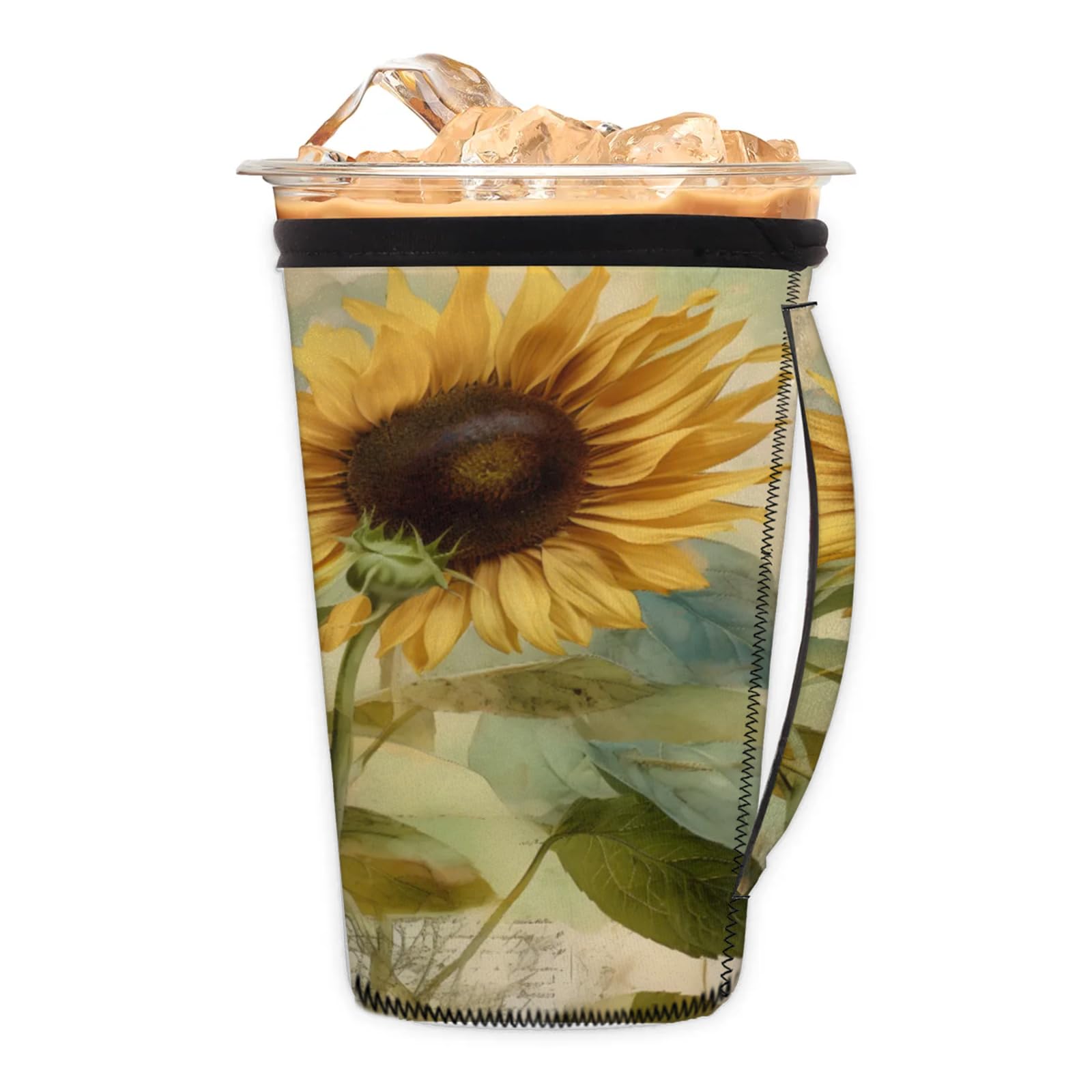 Sunflower Flower Vintage Reusable Neoprene Coffee Sleeve with Handle Insulated Iced Coffee Cup Holder Reduces Condensation Fits 24-28 oz Cups M
