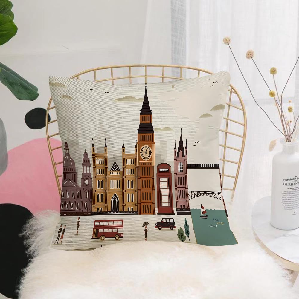HYOSXW Cushion Cover,Throw Pillow Case Home Decorative for Living Room Bedroom Sofa Chair 16X16 Inch,Retro collage style, British landmarks and street scenes,Pillowcase 40X40cm