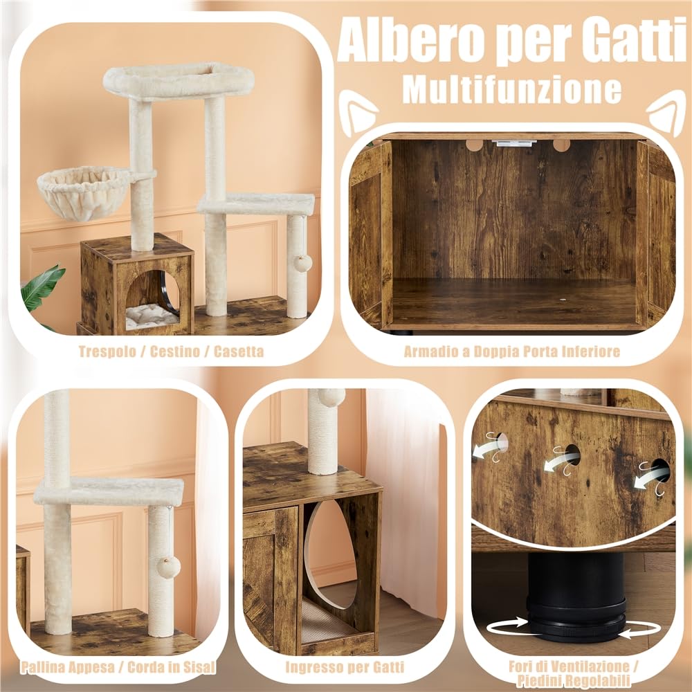 Yaheetech Albero Tiragraffi per Gatti 134,5 cm Mobile per Lettiera Multifunzionale Tutto in Uno Sisal Posatoio Condominio in Legno Marrone Rustico/Beige