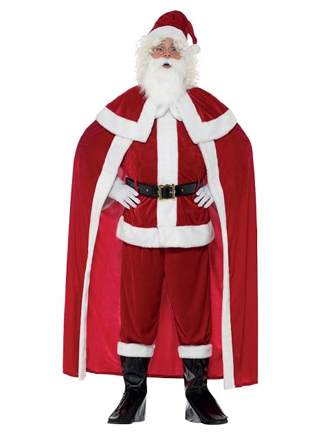 Smiffys Disfraz de Papá Noel deluxe, rojo, con pantalones, chaqueta, capa, cinturón, cubrebotas, guantes