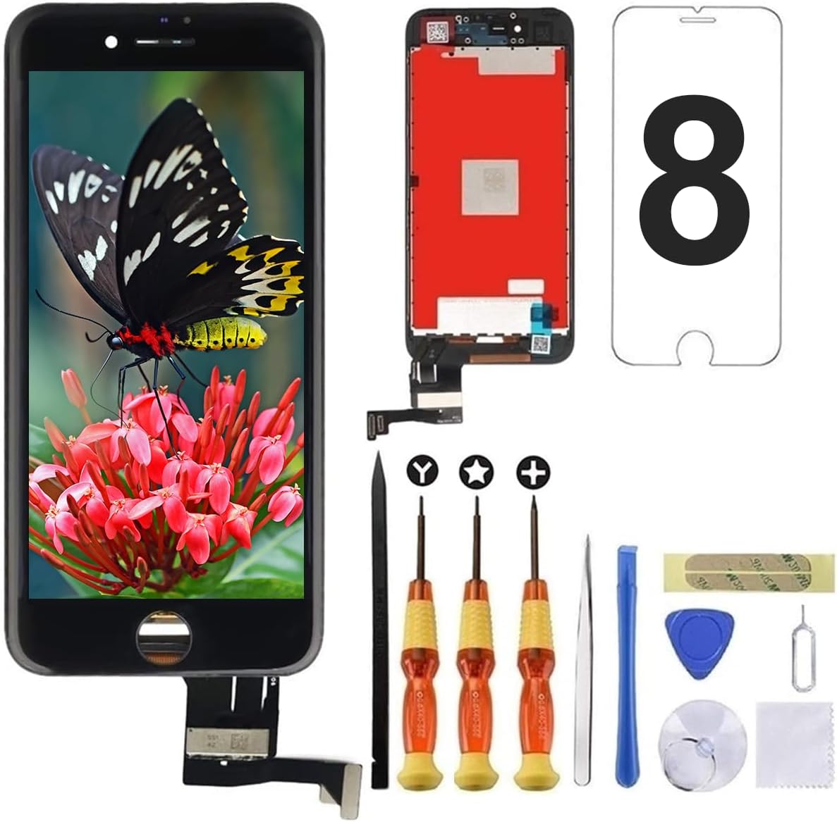 for Black iPhone 8 Screen Replacement 3D Touch Screen Glass Digitizer Frame Assembly with Tempered Glass Screen Protector + Repair Tools + Instruction