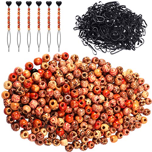 1106 Pieces Beads for Hair Braids Natural Painted Wood Beads Round Loose Spacer Printed Wooden Bead Include 600 Pieces Wood Beads 500 Pieces Rubber Bands 6 Pieces Quick Beaders for DIY Hair Craft