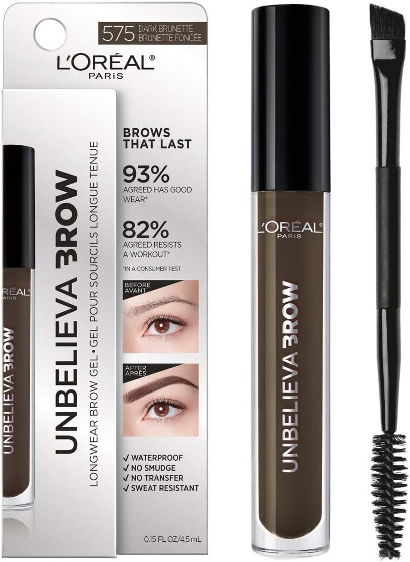 L'Oreal Paris Unbelieva-Brow Longwear Waterproof Tinted Brow Gel, Smudge-resistant, Transfer- Proof, Quick Drying, Easy and quick application with precise brush, Dark Brunette, 0.15 fl. oz.