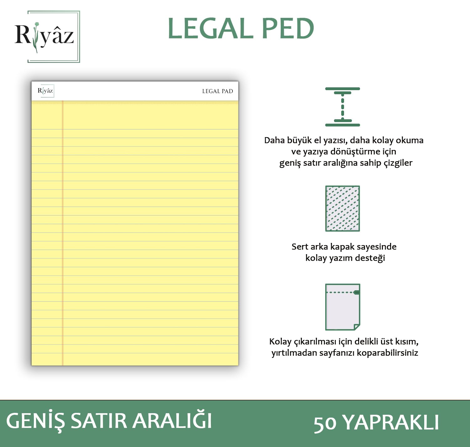 Letter Boyut, 3 adet, Sarı renkli Legal Pad, Notluk, Notepad, Defter, Herbiri 50 Yaprak, Geniş Satır aralığı, okul, iş ve ofis için, Türk Malı