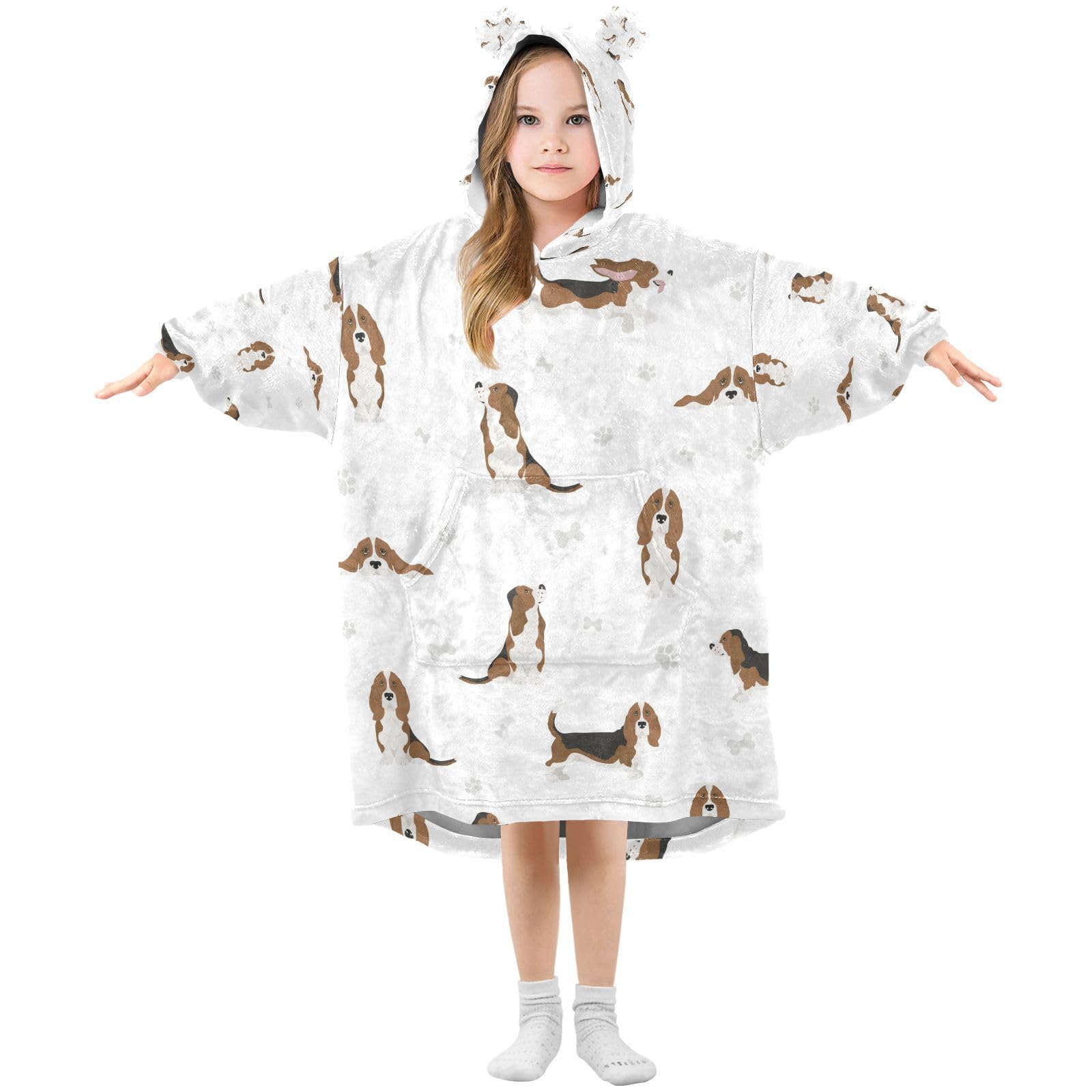 Kids Oversized Blanket Hoodie, Basset Hound Puppy Beautiful Cat Outer Space Warm Fleece Sweatshirt Plush Wearable, Front Roomy Pocket, Cute Ear Cap, M