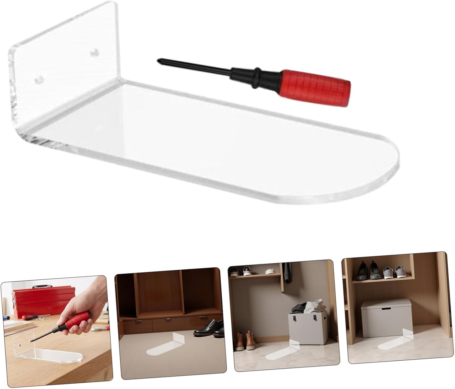 4pcs Acrylic Shoe Display Shelves Wall Mounted Floating Shoe Rack with Screws and Screwdriver Retail Holder for Closet and Entryway Organization