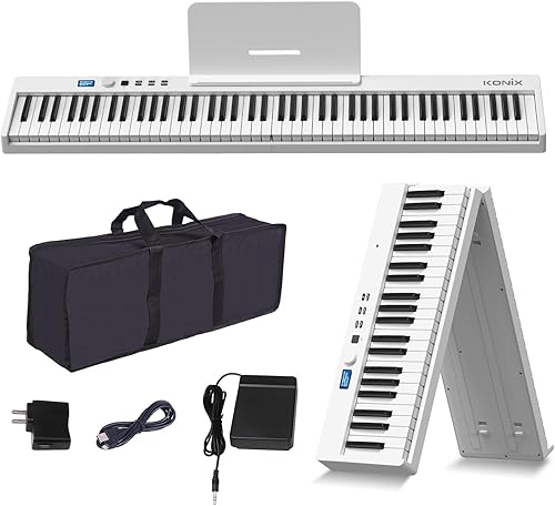 KONIX Teclado de piano plegable, 88 teclas de tamaño completo semi ponderado, piano eléctrico portátil Bluetooth con soporte para partituras, pedal