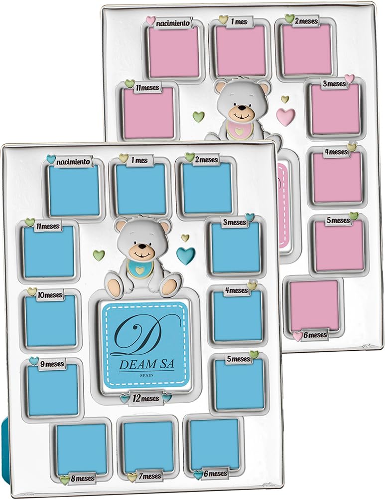 Portafotos de 12 meses Laminado en Plata de Ley 925‰ Infantil con diseño de "Osito", con un tamaño de 23,5x29 cm. Disponible en color Azul y Rosa. (E0519)