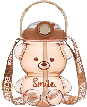 Kawaii Water Bottle with Straw and Strap, 1L Cute Bear Water Bottles Portable Leakproof Plastic Drinking Cups for Kids Girls Women Sports Camping Picnic Hiking Travel