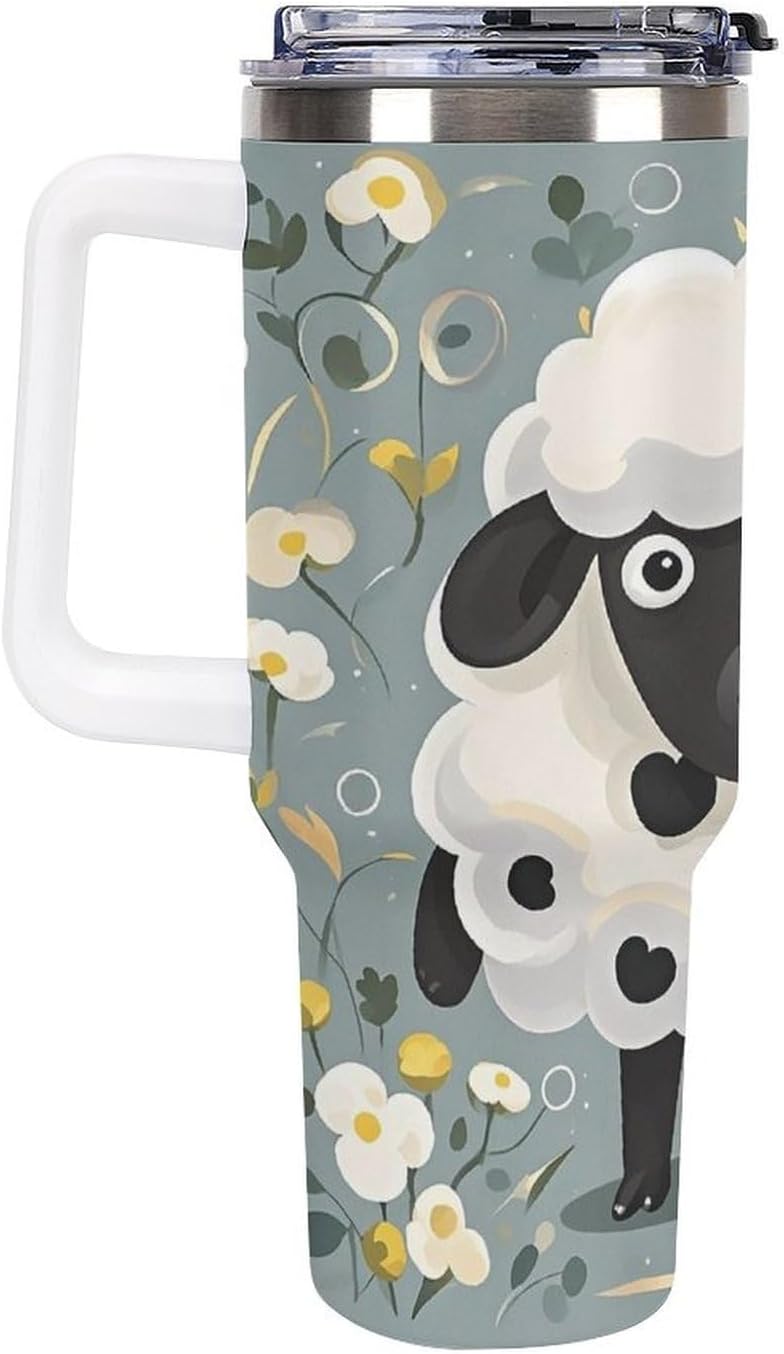 Cartoon Black White Sheep Tumbler 40 Oz with Handle&Lid Large Car Cup Stainless Steel Vacuum Travel Mug Insulated Water Bottle Leak-proof Portable Coffee Cup for Home Car Outdoor