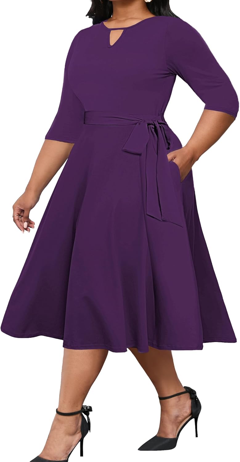 Runwind Plus Size Dresses, Women Casual Midi A-Line Swing Fit and Flare 3/4 Sleeve Wedding Guest Cocktail Church Dress