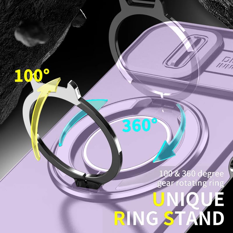 Image of LuxuryKase Shockproof Rugged Case for iPhone 14 Plus | Slide Camera Cover | 360 Rotating Ring Kickstand | Military-Grade Protection - Lavender Purple