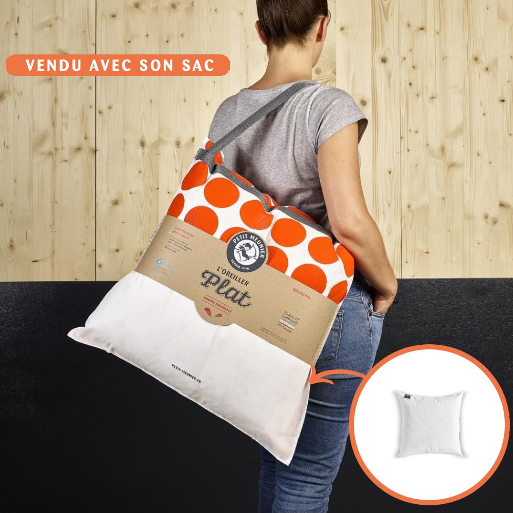 Oreiller Plat 60x60 Duvet & Plume | Couchage sur le ventre & dos - Garnissage naturel plumes léger - Anti-cambrure nuque - Douceur saine - Fabriqué en France
