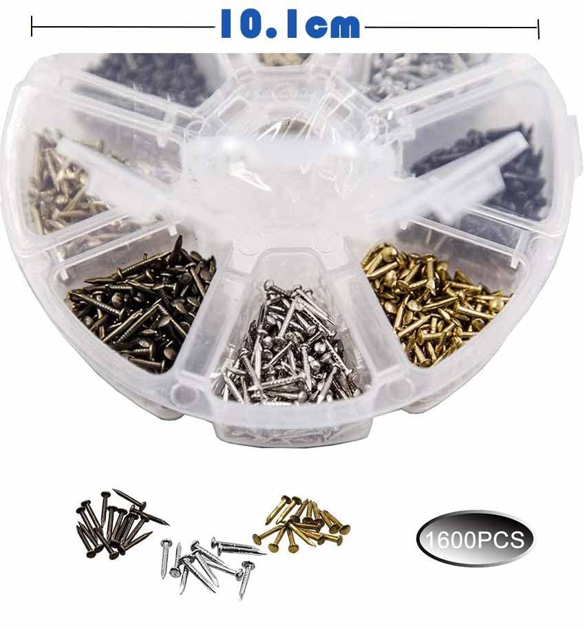 1600 piezas de clavos pequeños de madera de 6mm, 8mm y 10mm en estuche circular con variedad dorada, plateada y bronce para decoración y bricolaje miniatura 4