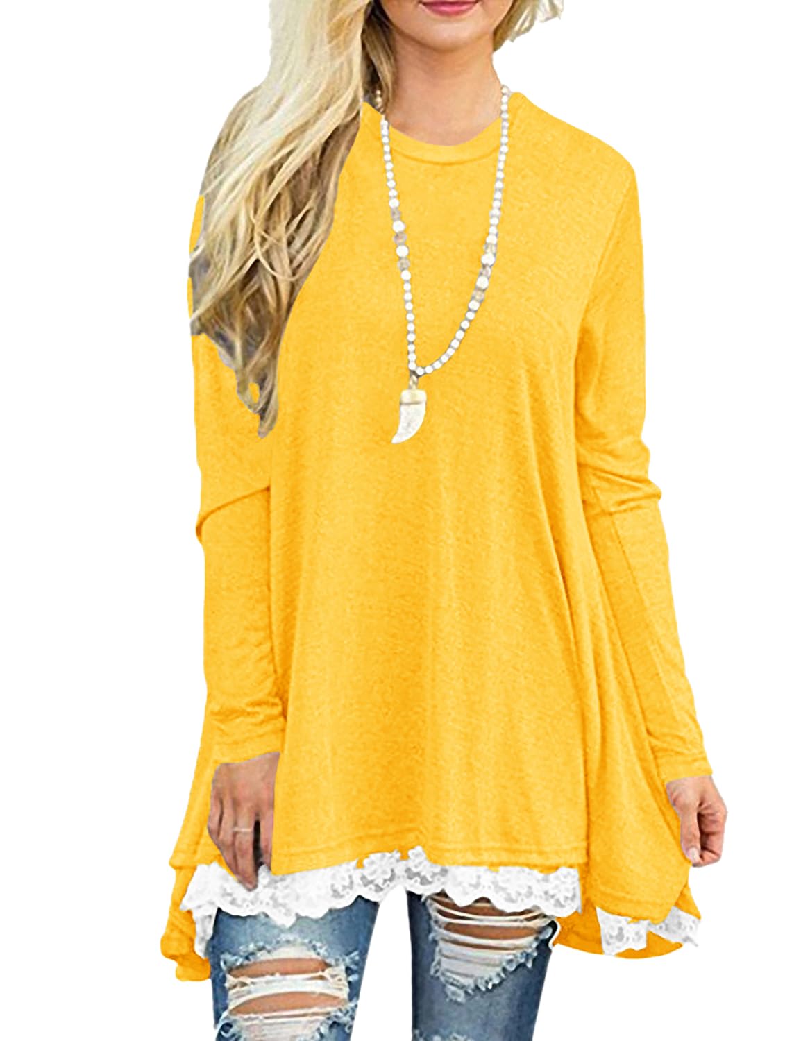 Afibi Women Lace Long Sleeve A-line Swing T-Shirt Loose Tunic Top Blouse