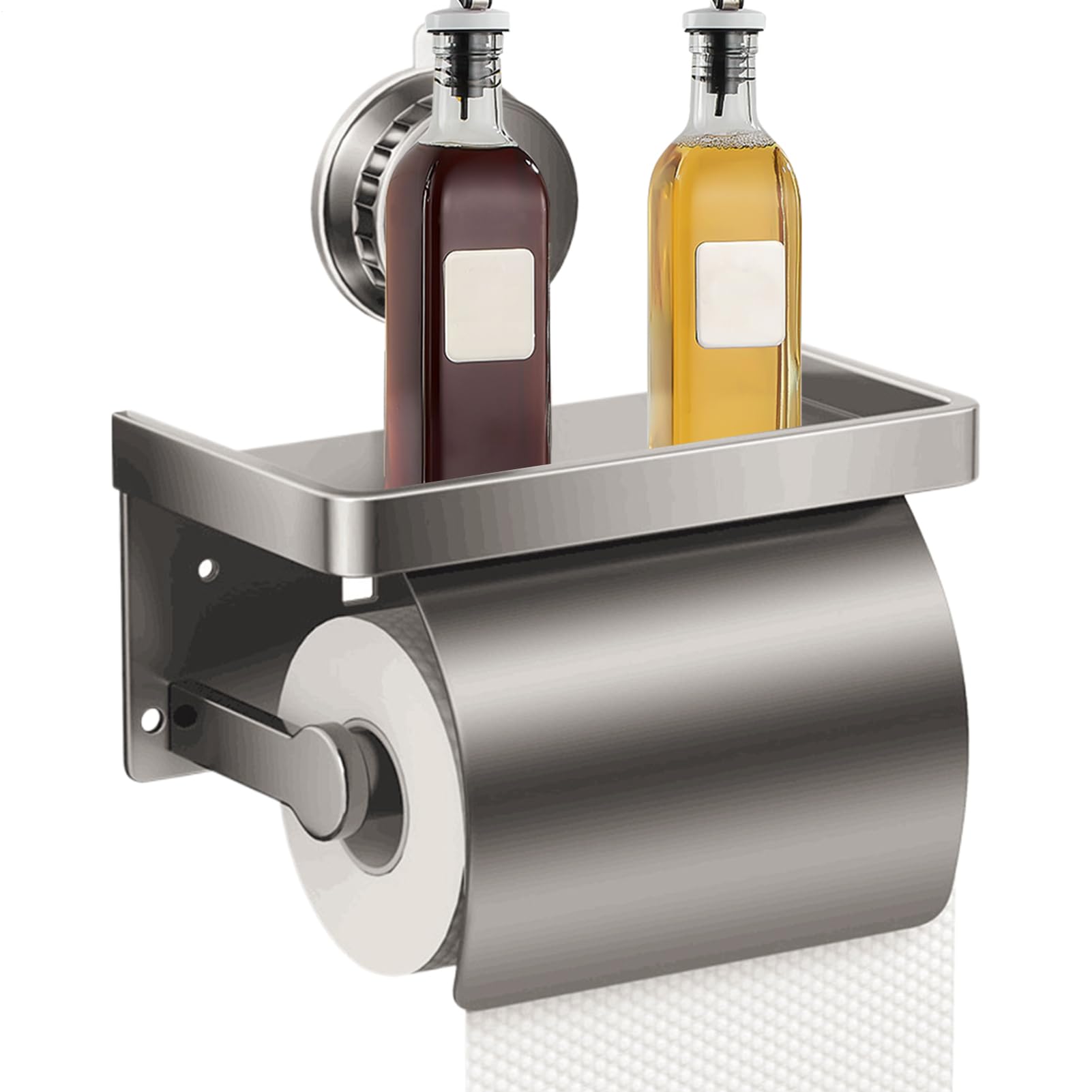 Porta carta igienica con ripiano, in acciaio inox, senza foratura, con ventosa, cromato lucido, grigio