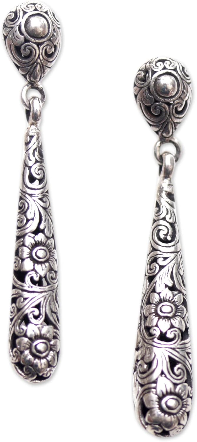 NOVICA Artisan Handmade Sterling Silver Dangle Earrings Dropshaped Floral from Bali Indonesia [1.7 in L x 0.2 in W x 0.2 in D] ' Drops from The Garden'