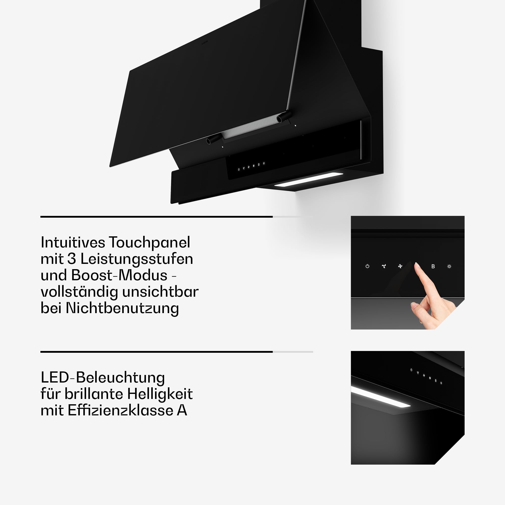 Klarstein Velaire Dunstabzugshaube 90 cm - Kopffreihaube, 820 m³/h Boost, A++ Energieeffizienz, Touch-Bedienung, LED, leise, Aluminium- & Aktivkohlefilter, Abzugshaube Küche, Schwarz