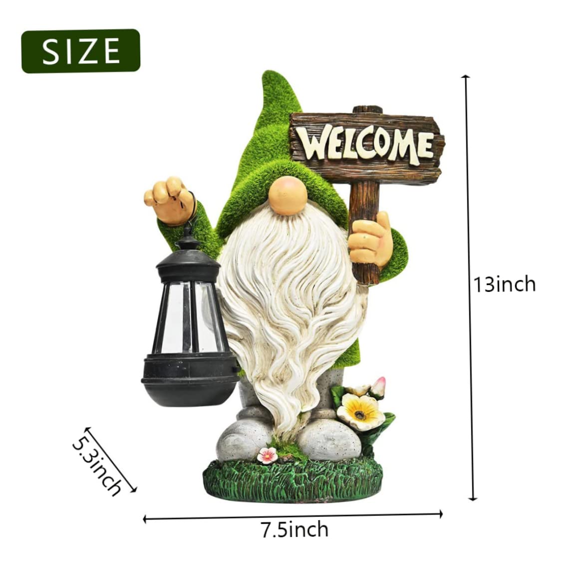 Divertente gnomo da giardino con lanterna solare e cartello di benvenuto. Ornamenti solari da giardino. Figurina di gnomo per prato da patio, attrezzi