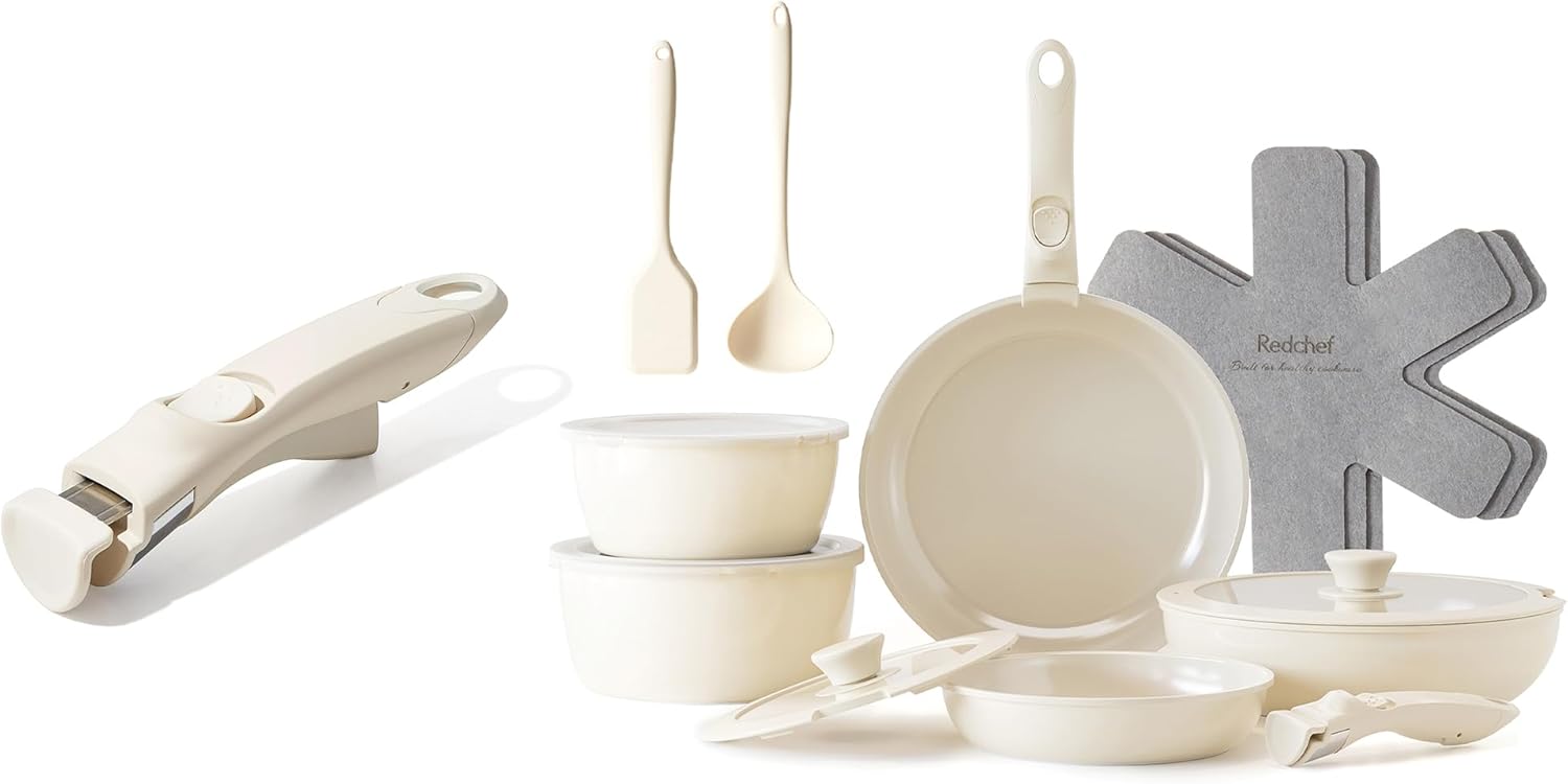 Redchef 17pcs Ceramic Pots and Pans Set Non Stick, Nonstick Kitchen Cookware Set with Detachable Handle, Non Toxic, PFAS PFOA & PTFE Free, RV Ceramic Cookware Set for Camping, Dishwasher/Oven Saf