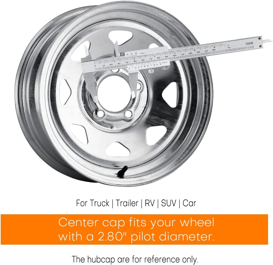 2.8inch Trailer Wheel Center Caps 71mm Fit 2.8" Center Bore Truck Trailer RV SUV Chrome Silver Steel Push Through Wheel Cover, 4Pcs