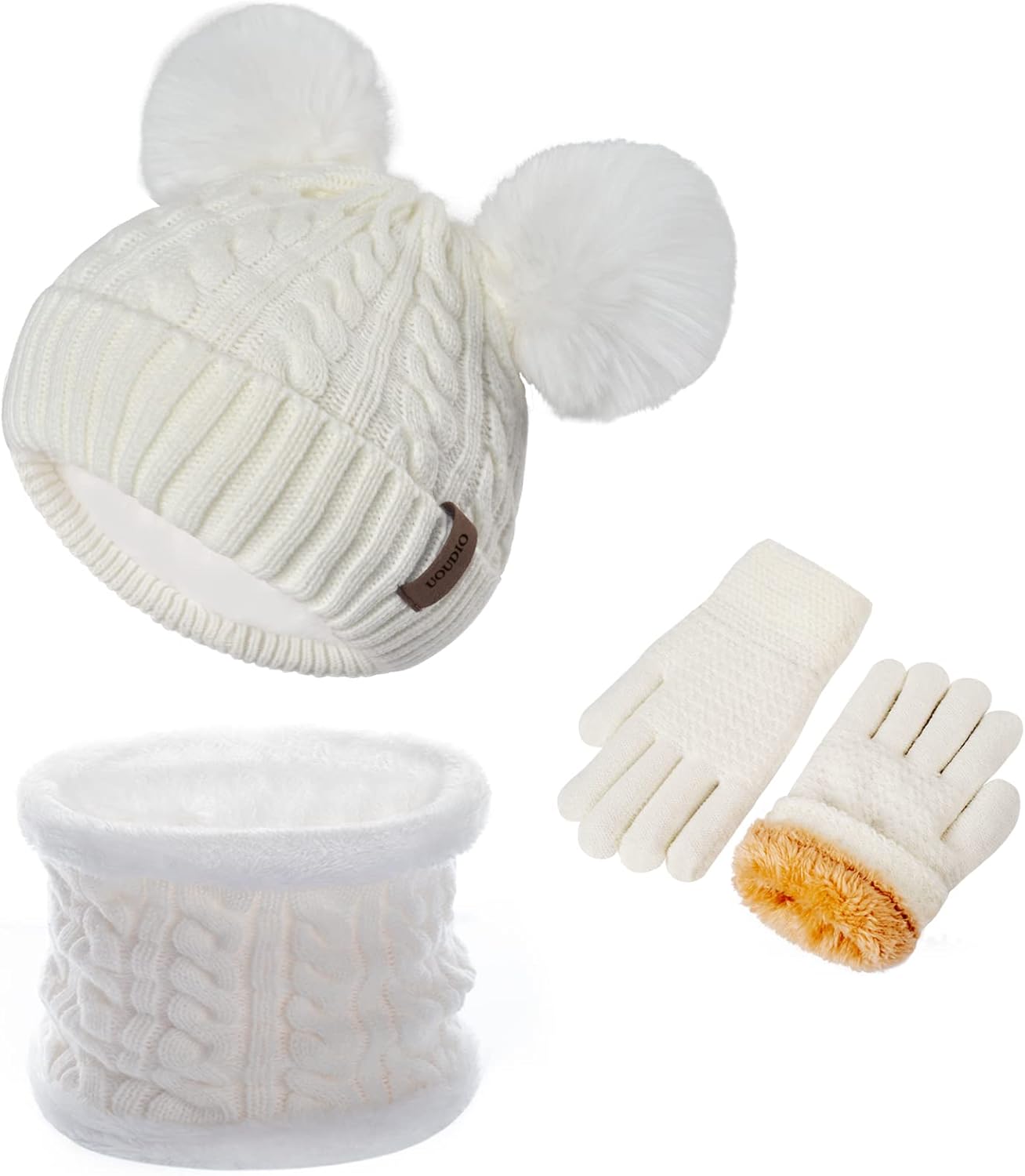 Kids Winter Beanie Scarf Gloves Set with 2 Pompom - Thermal Thick Fleece Lined Hat, Neck Warmer & Mittens for 1-10 Boys Girls