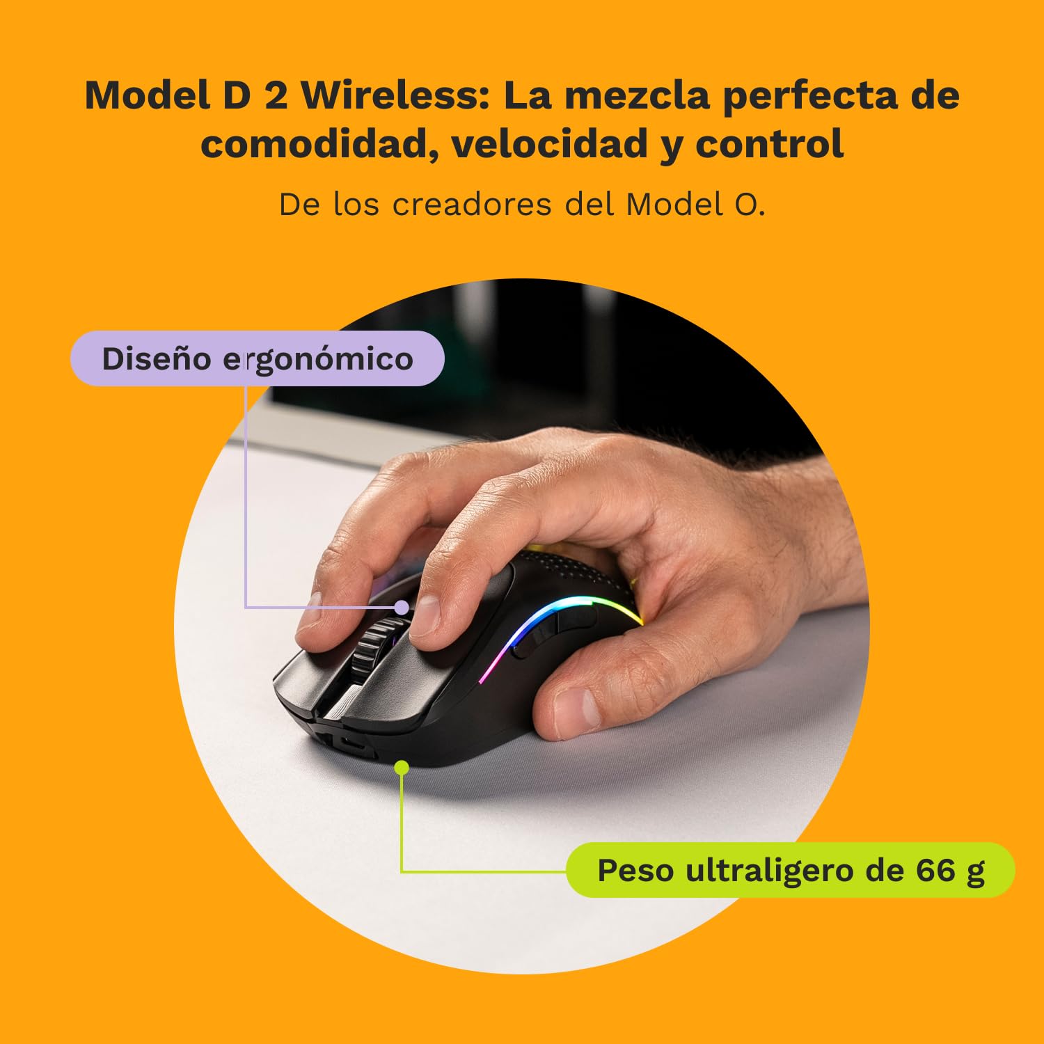GLORIOUS Model D 2 Wireless Ratón Gaming Ergonómico Ligero (Negro) | Conectividad híbrida 2.4 GHz y Bluetooth, sensor BAMF 2.0 26K, switches 80M clics, tecnología Motion Sync, batería larga