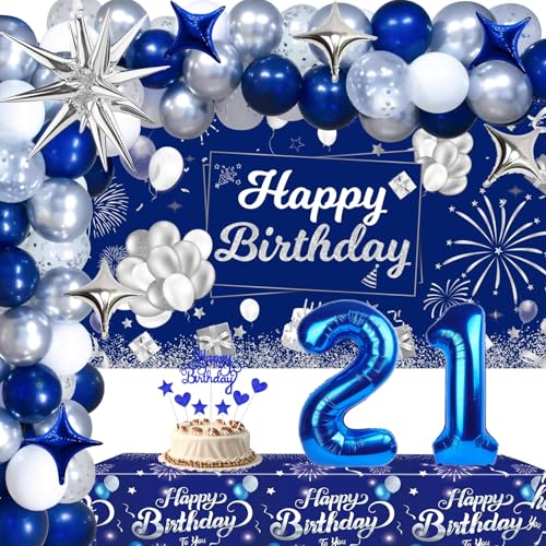 Blue 21st Birthday Decorations for Him Her, 21st Silver and Navy Blue Birthday Decorations for Men Women with Happy Birthday Backdrop Banner Tablecloth Balloons Arch Foil Balloons Party Supplies