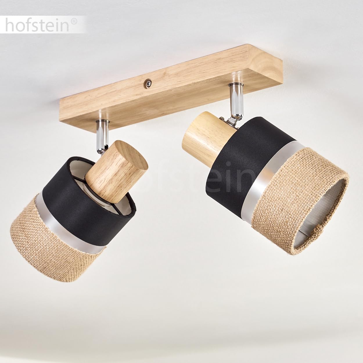 Plafoniera Fallhagen, lampada da soffitto moderna in legno/metallo/lino nei colori naturale/cromo/nero, lampada a 2 luci dal design scandinavo con faretti regolabili, 2 x E14, senza lampadine