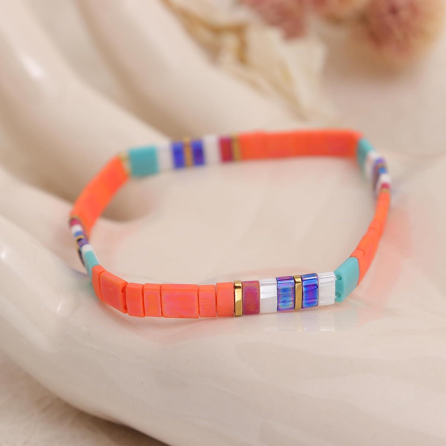 Sonateomber Tila Flat Beaded Stretch Bracelets for Women, Trendy Unique Handmade Stackable Orange Square Beads Miyuk Link Bracelet Summer Jewelry Gift - Image 7