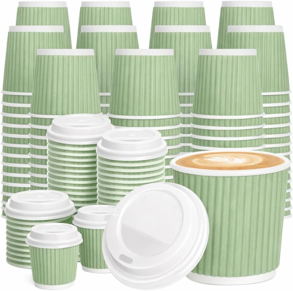 tchrules 4 oz Disposable Espresso Cups with Lids, Sage Green Small Plastic Coffee Cups, 100 Pack, To-Go Tasting Sample Cups for Coffee, Tea, Espresso Shots, St. Patrick’s Day Parties