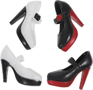 Zapatos De Muñeca Miniatura De Tacón Alto para Muñecas De 30 Cm Tacones Pequeños Negros Suela Roja y Blancos Suela Negra Set De 2 Pares para Manualidades y Decoración