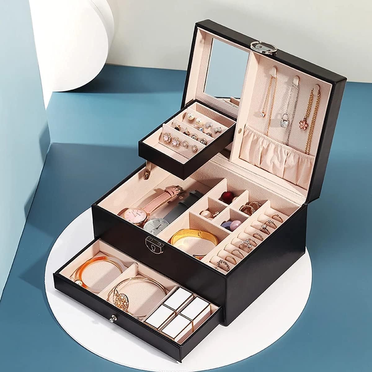 Large Jewelry Box Organizer for Women Mother Wife Girlfriend Gift Idea Two Layers Jewelry Display Storage Holder Case with Mirror Lock for Necklace Earrings Bracelets Rings image 2