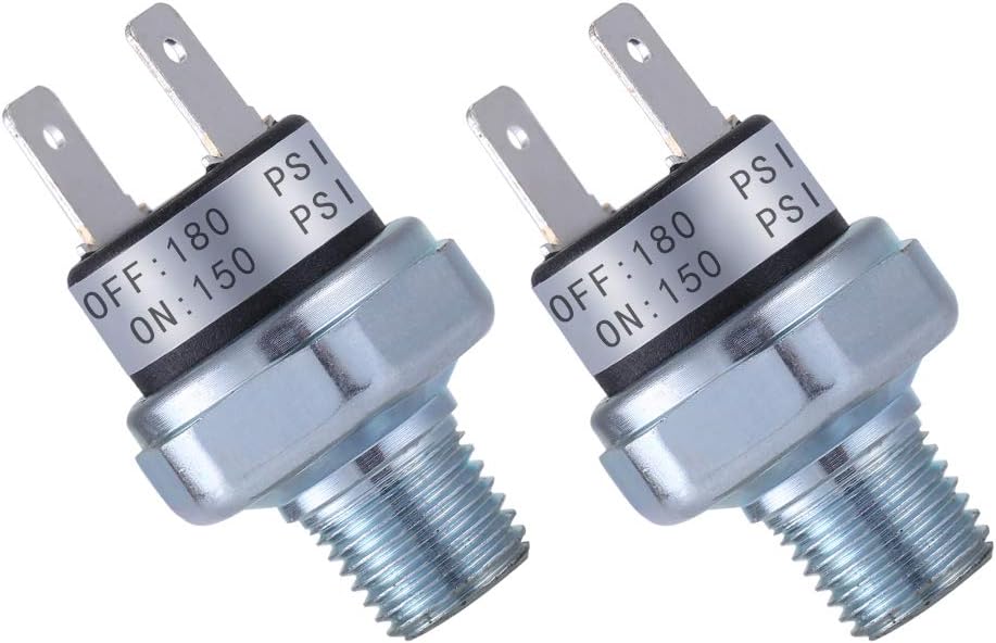 Air Pressure Switch 150-180 PSI, 1/4"-18 NPT, DC 24V/12V, Silver, Normally Open, Panel Mount, Push Button Actuator, Automatic Operation