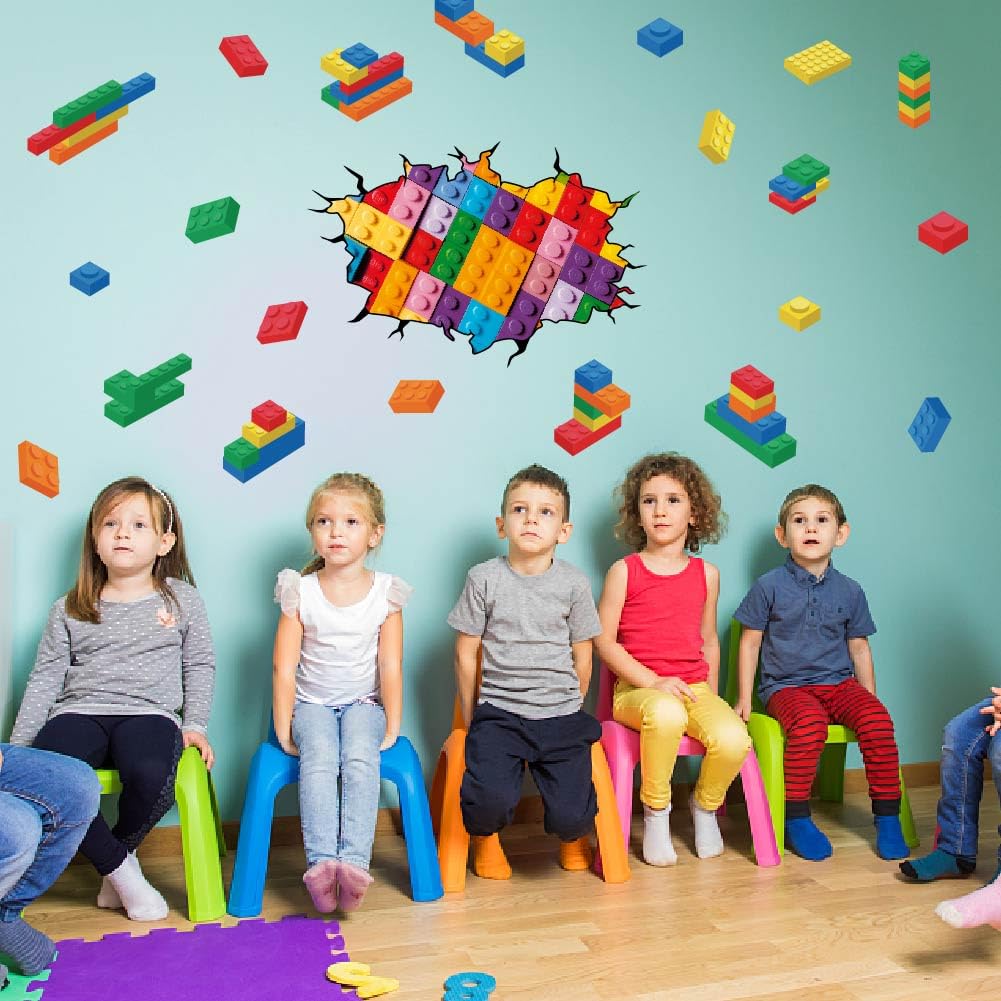 SUPERDANT Building Blocks Wall Stickers Colorful Blocks Wall Decals Vinyl Art Decor DIY Break Through the Wall Mural for Nursery Children's Room School Bedroom Playroom Classroom - Image 4