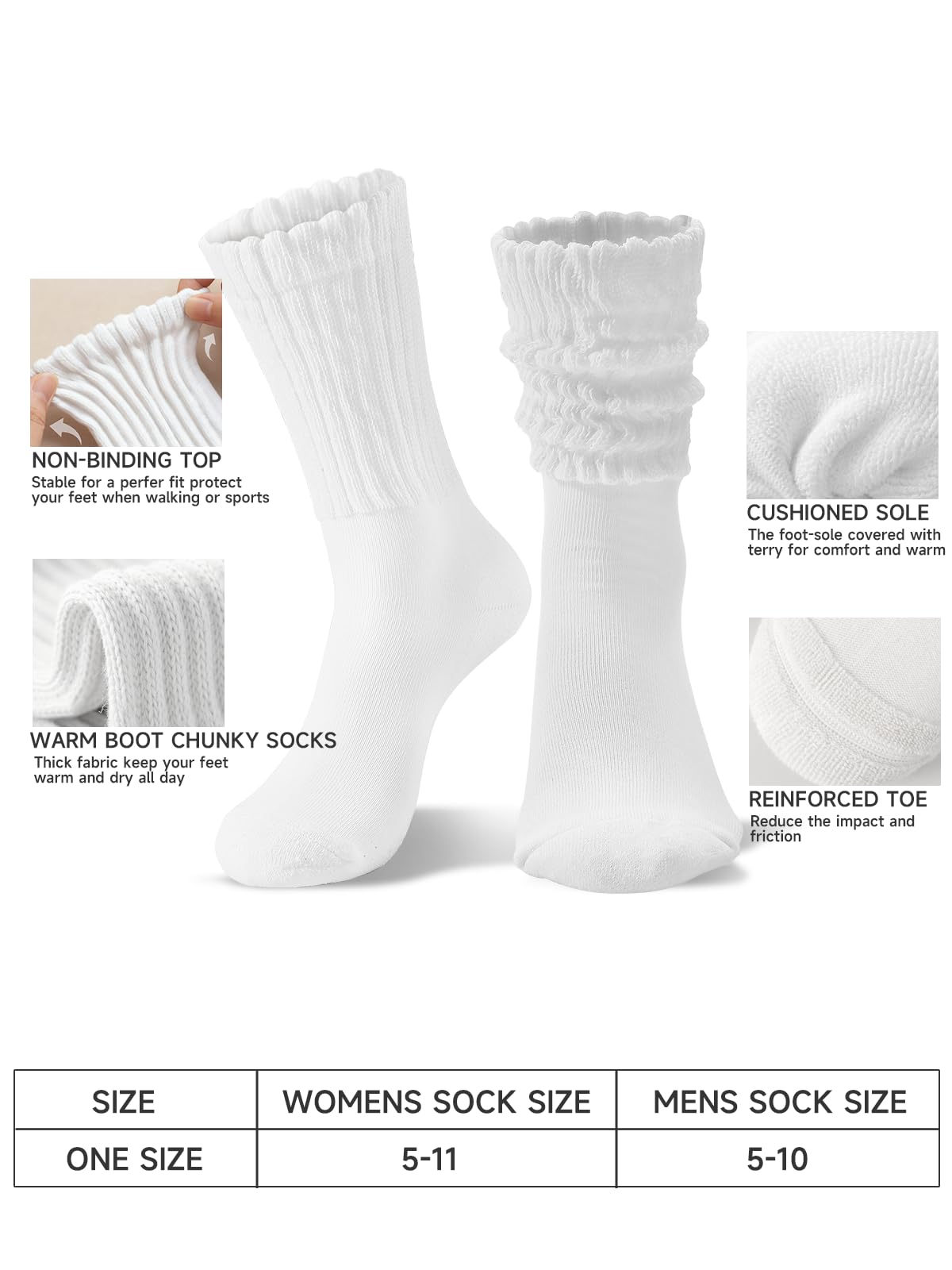 HAVE A TREE 3-6 Pack Women's Slouchy Crew Socks - White Cushioned Scrunch Boot Socks Size 5-11: 5-13 6 Pairs White