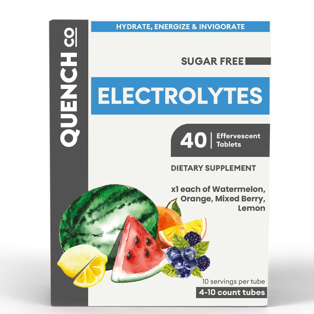 Quench Electrolyte Tablets 40 Count Instant Hydration, Electrolytes, Fasting Electrolytes No Sugar for Optimal Hydration Support Not Powder - Watermelon, Orange, Mixed Berry, Lemon Flavors