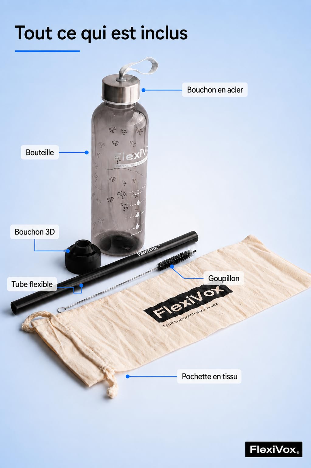 FlexiVox® compatible avec Méthode Lax Vox | Idéal pour l'Entraînement Vocal SOVT | Chanteurs, Orthophonie et Thérapie Vocale | Kit: Tube, Flacon Gradué, Brosse, Sac et eBook (espace Noir)