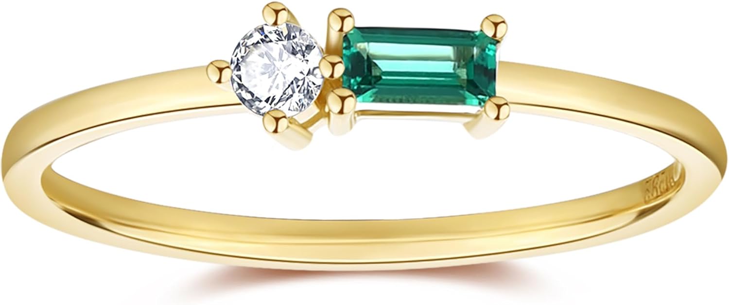 espere Solid Gold Dainty Two Stone Stackable Cluster Ring | 14K Yellow Gold Petite Ring with Baguette Cut Lab-Grown Emerald and Round Moissanite | Womens Wedding Ring Promise Gift For Her