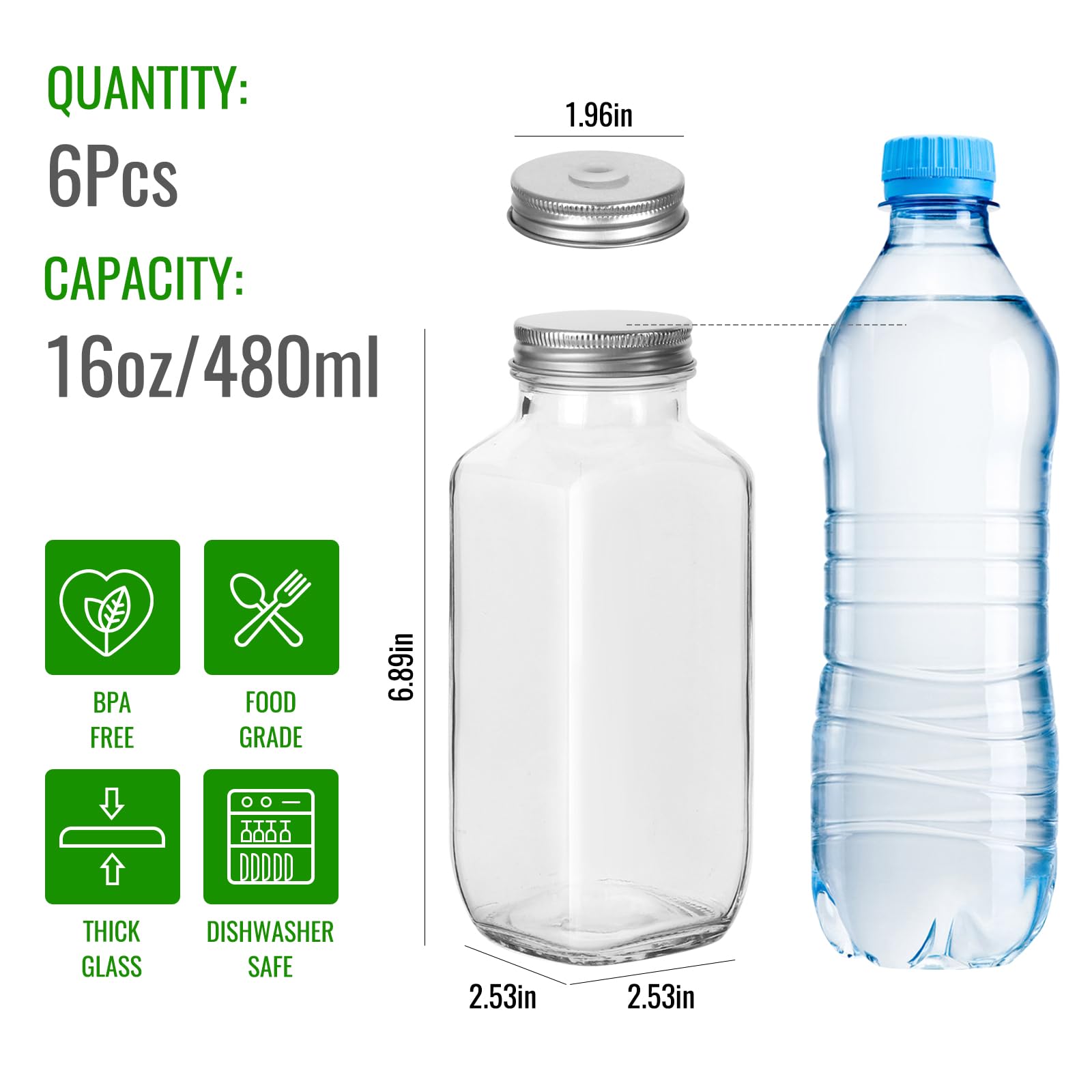 BIGIVACA 16 oz Glass Bottles for Juicing - 6 Pack Glass Juice Bottles with Lids and Stainless Straws - Reusable Juicing Bottle, Square Airtight Containers for Drinks, Travel, Storage