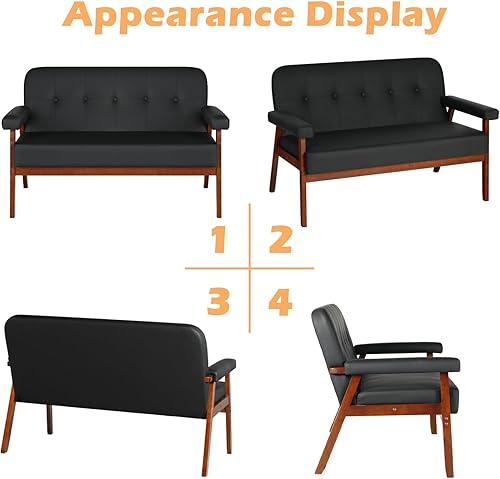 Miniatura 9 de STHOUYN Sofá de oficina pequeño de piel sintética negra de 50 pulgadas de ancho con brazos de madera, sofá biplaza moderno de mediados de siglo,