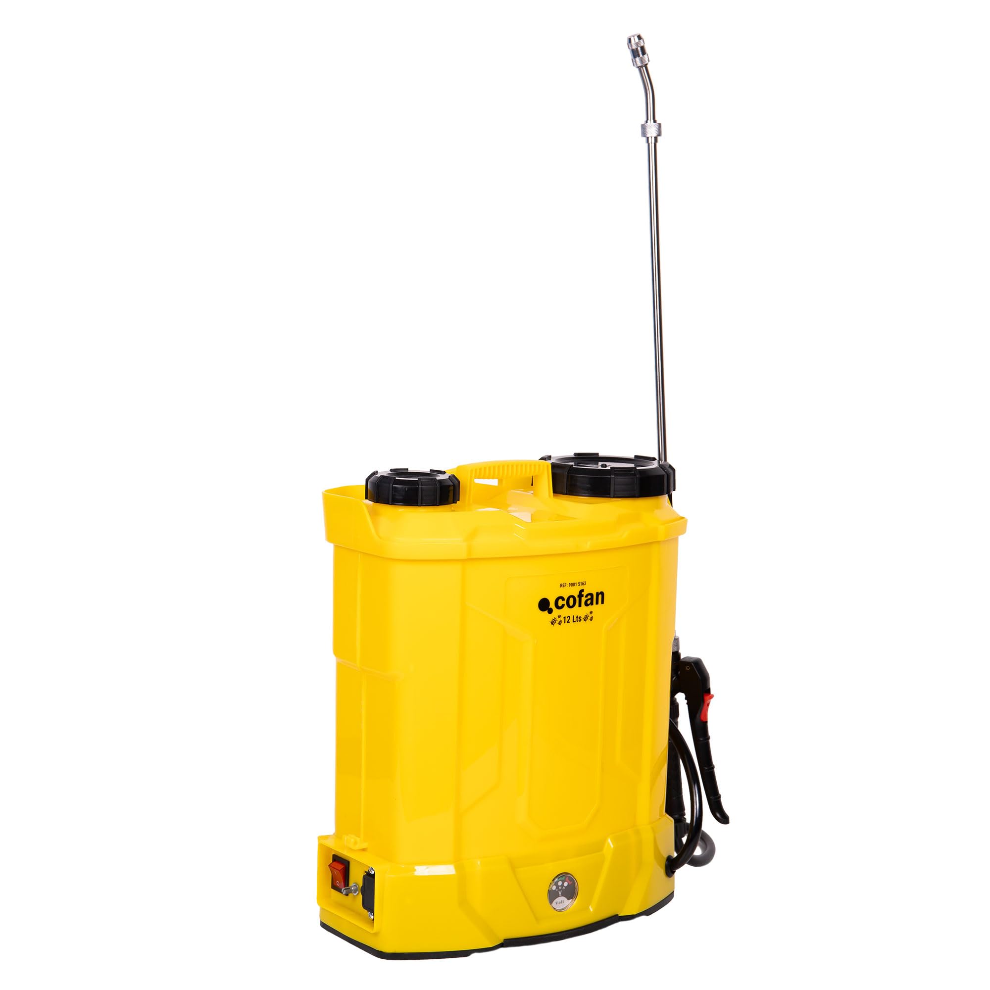 Cofan Pulverizador de Espalda Eléctrico, Sulfatadora Profesional de 12 litros, Batería de Litio 12 V, Lanza de Acero Inoxidable, 4 Boquillas Incluidas (Amarillo, 12 litros, Pulverizador de Espalda) — view 3
