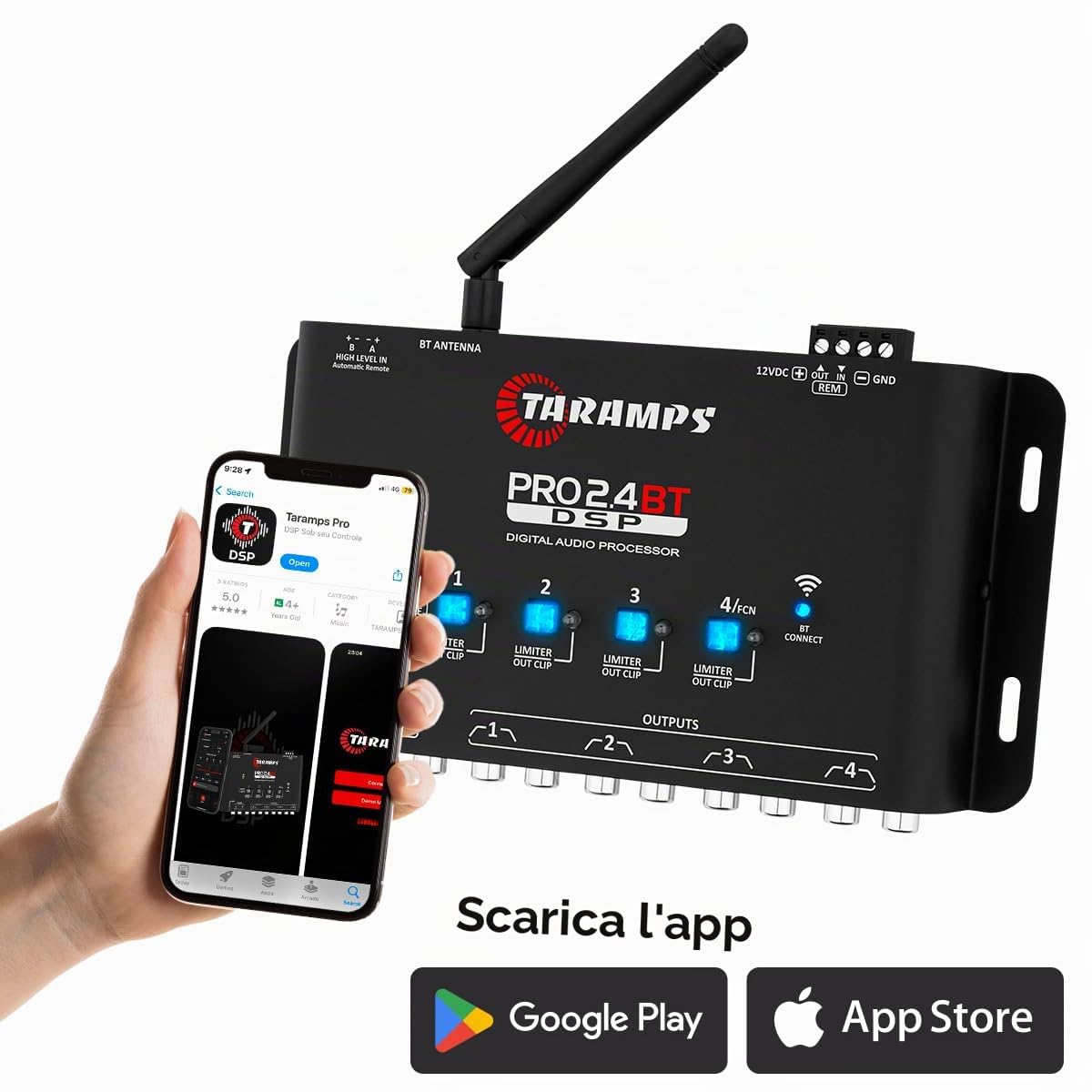 Taramps Pro 2.4 BT Bluetooth DSP Crossover Full, processore di segnale digitale, equalizzatore audio per auto con app, guadagno fino a 9 V, equalizzazione grafica a 15 bande, 12 preset EQ, 2 ingressi