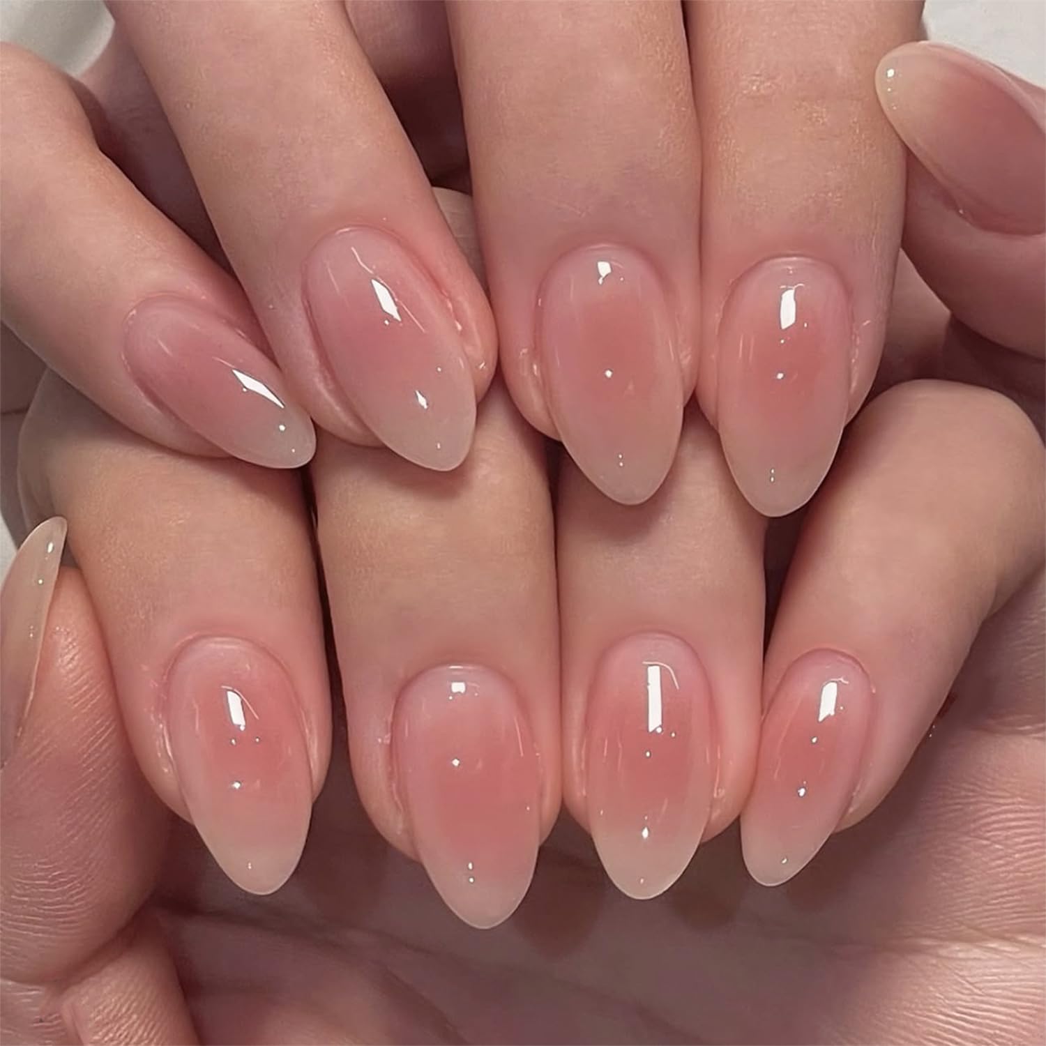 Nude Press on Nails Short Almond Fake Nails with Gradient Designs Glossy Glue on Nail Reusable Artificial Nails Acrylic Full Cover Stick on Nail for