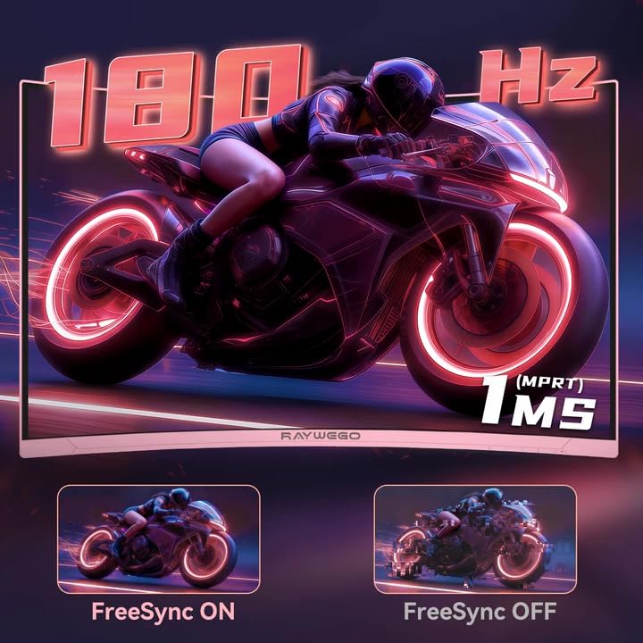 Image of Raywego 27 Inch Pink Curved Gaming Monitor for Desk Setup, 180Hz FHD 1080P Computer Monitor, 1500R Curved Display, FreeSync, HDR10, Home Office, Streaming & Content Creation
