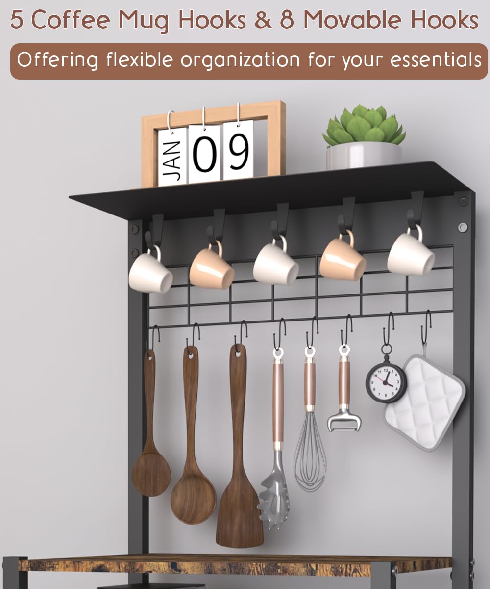 Kaffee-Bar-Station mit 4 Etagen, Eck-Bäckerregal mit 5 Haken und Drahtkorb, Kaffeebereiterständer für kleinen Raum, Küchenständer für Eingangsbereich, Wohnzimmer, Café, Schwarz, 41,9 x 33 x