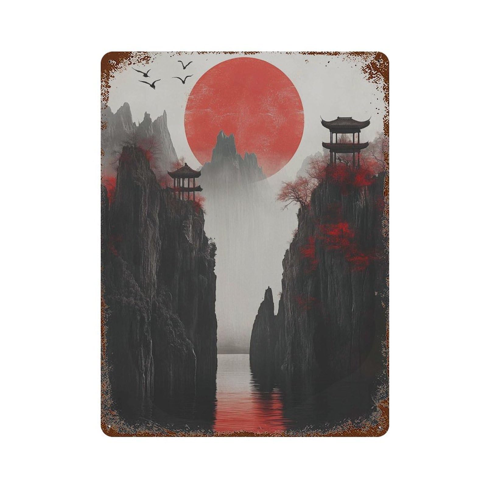 xiaoxiaoshen Red Sun Temple Japanese Landscape Minimalist Oriental Wall Decor Art Metal Tin Poster Modern Home Decor Art Home Bar Shop Decorations Vintage Sign 40x30cm
