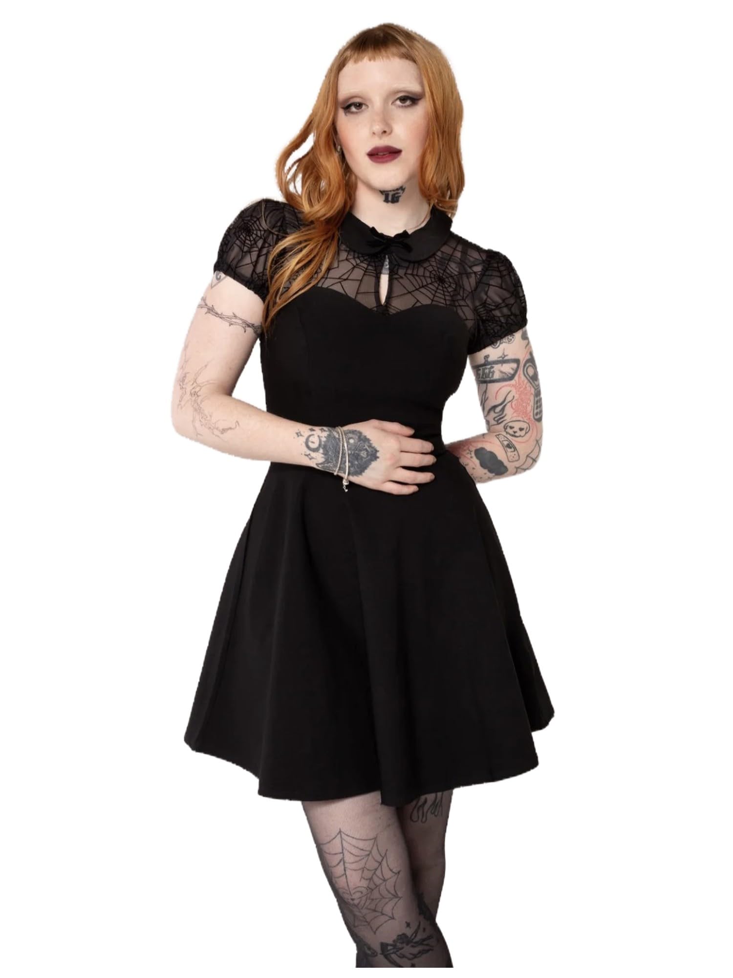 Hell Bunny Women's Black Spider Web Mesh Flocked Mini Dress With Sweetheart Neckline | Size: Large